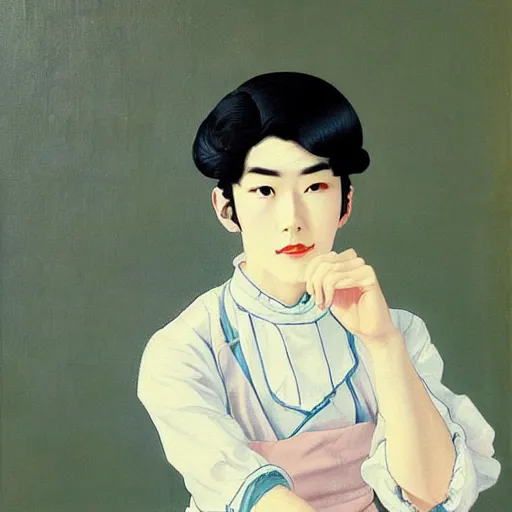 Image similar to painting of grumpy handsome beautiful man in his 2 0 s named min - jun in a french female maid outfit, modern clothing, elegant, clear, painting, stylized, delicate facial features, soft but grumpy, art, art by egon yamamoto