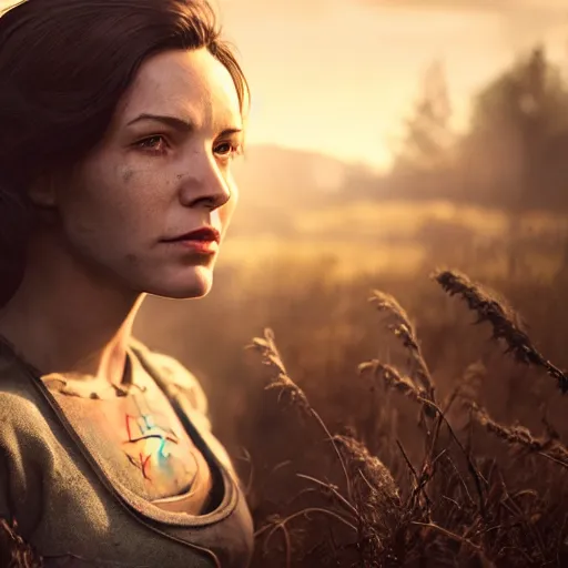 Image similar to fallout 5, charismatic brunette female protagonist, portrait, outdoors scene, somewhere in a low density rural town, atmospheric lighting, painted, intricate, volumetric lighting, beautiful, daytime, sunny weather, slight overcast, sharp focus, deep colours, ultra detailed, by leesha hannigan, ross tran, thierry doizon, kai carpenter, ignacio fernandez rios