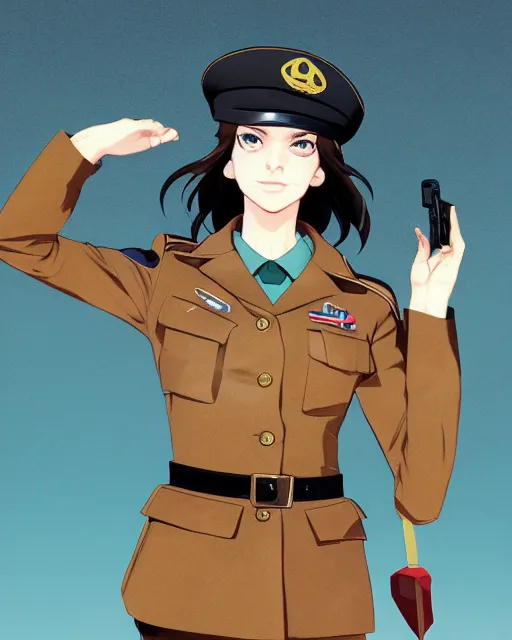 Image similar to portrait of young woman with light brown hair and hazel eyes dressed in a sharp dark teal military uniform with beret, saluting, smiling, ilya kuvshinov, anime, ross tran