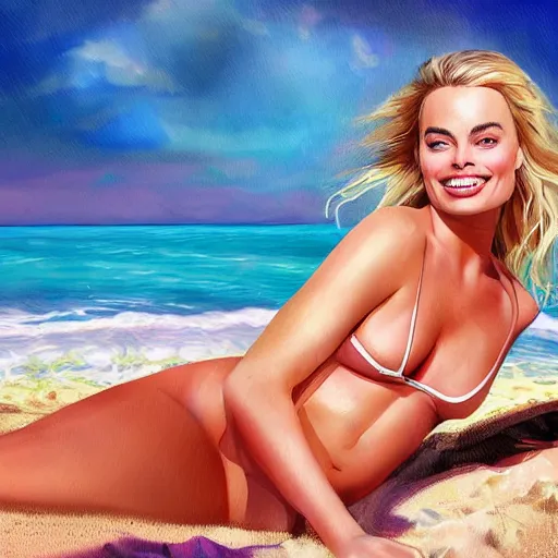 Image similar to a portrait of margot robbie holding a coctail on the beach, beautiful face, highly detailed, digital art