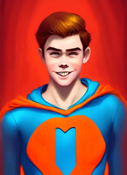 Image similar to friendly teenage archie andrews wearing an orange superhero costume with heart logo, freckles, superhero costume, heart emblem on chest, cape, intricate, elegant, glowing lights, highly detailed, digital painting, artstation, sharp focus, illustration, art by wlop, mars ravelo and greg rutkowski