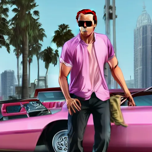 Prompt: gta v covert art by stephen bliss of ryan gosling wearing aviator sunglesses near a pink convertible car