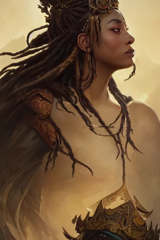 Image similar to dreadlock warrior princess, deep focus, d & d, fantasy, intricate, elegant, highly detailed, digital painting, artstation, concept art, matte, sharp focus, illustration, dark fantasy style art, hearthstone, art by artgerm and greg rutkowski and alphonse mucha