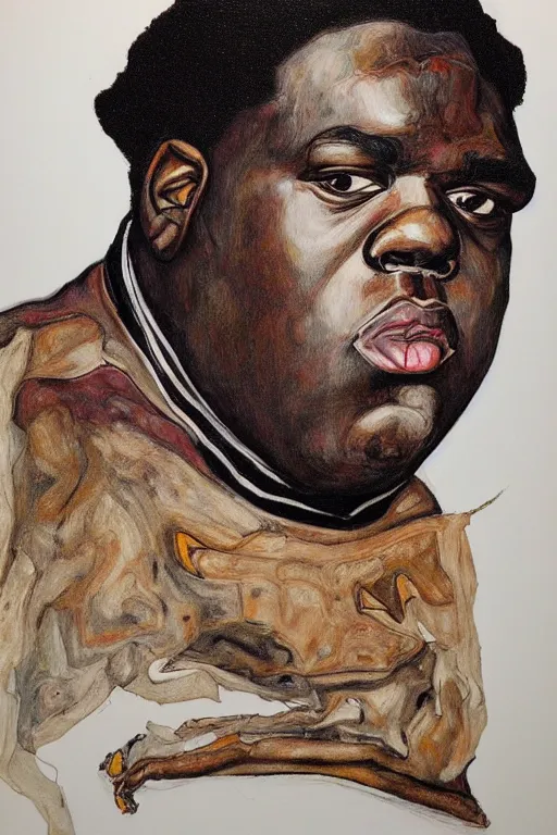 Prompt: a portrait of biggie smalls in style of egon schiele and herakut, masterpiece, hyperdetailed, complex, intricate, veiled, 4 k, 8 k, dynamic!!, trending on artstation