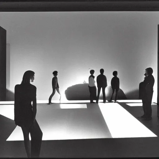 Image similar to a group of people in a dark room. The only source of light is a small window in the corner. The people are all looking at something outside of the art installation. islandpunk by Oskar Fischinger, by Jim Lee soft, dignified