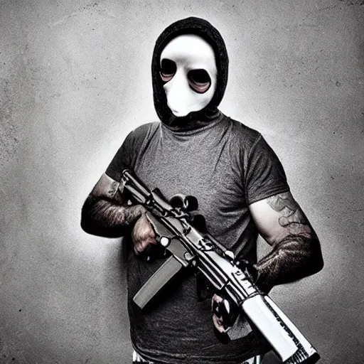 Image similar to criminal wearing a balaclava holding an automatic weapon, horror theme, detailed, elegant, intricate, conceptual, volumetric light