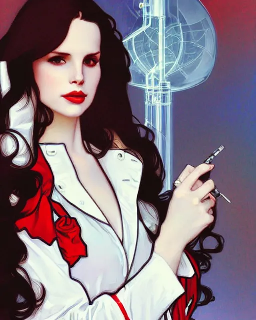 Image similar to lana del rey as a confident scientist, wearing a labcoat, intricate, red white and black color scheme, illustration by krenz cushart, alphonse mucha, artgerm, trending on artstation