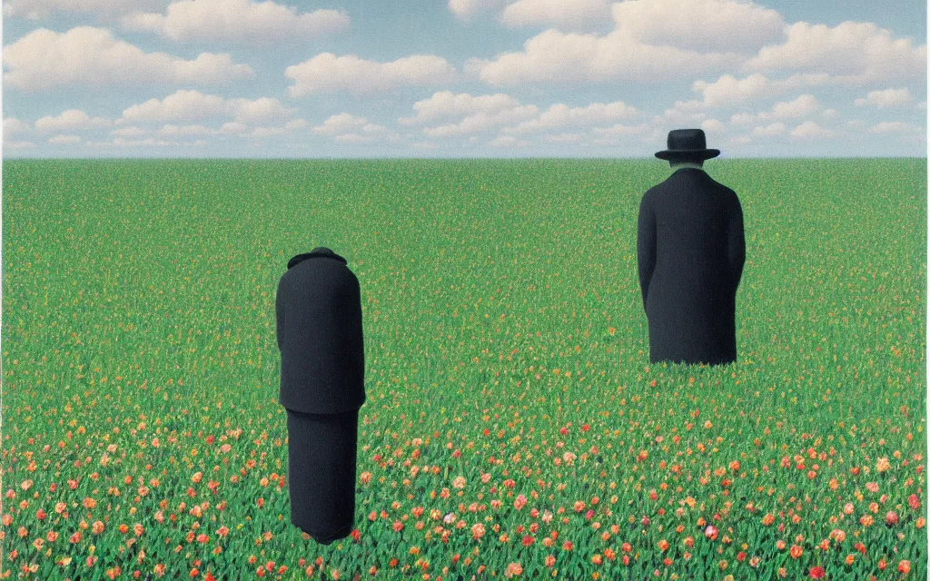 Image similar to grim reape with no face looking at you in distance in beautiful meadow of flowers, detailed painting by rene magritte