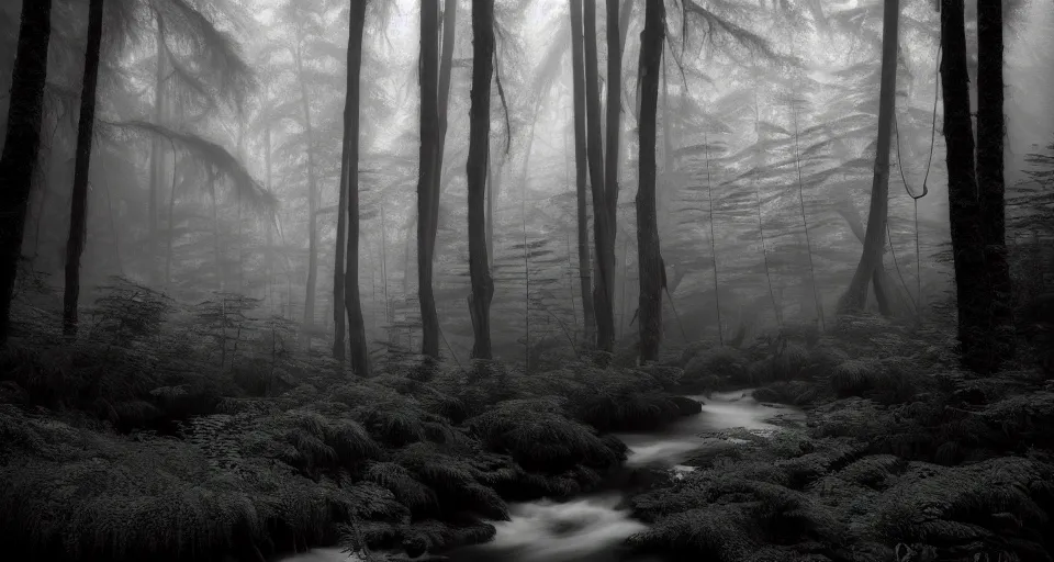 Image similar to deep inside the forest, stream, fog, mist, moss, ferns, epic, award winning photo by ansel adams, maximalist masterpiece, artstation