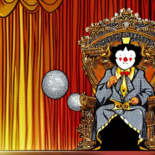 Image similar to manga of a shining majestic throne made of millions of diamonds, gold and zaphires with thousands of light reflections, and a clown on a tuxedo suit is sitting on the throne while handing a golden balloon, dramatic light