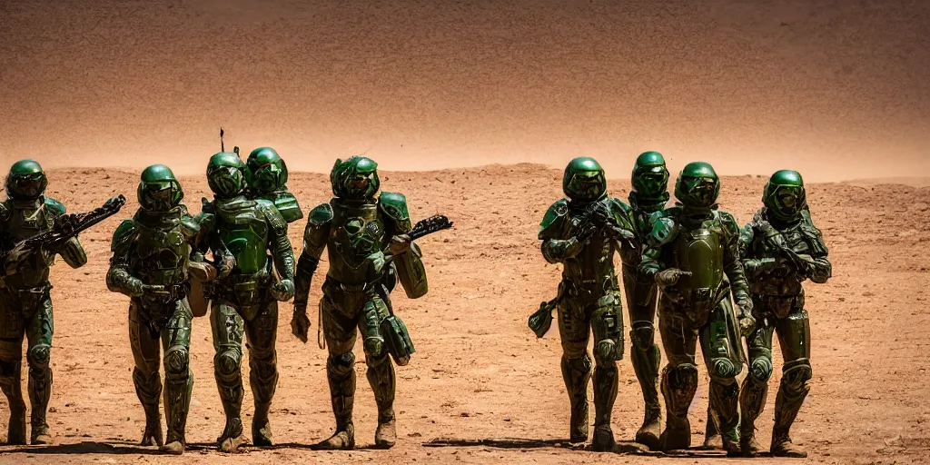 Prompt: a group of five soldiers in green sci fi armor on a rescue mission like the film stargate walk through a sandy desert with distant red mesas. ahead of them is an alien temple. dust blows across the frame. 200mm lens, mid day, heat shimmering.