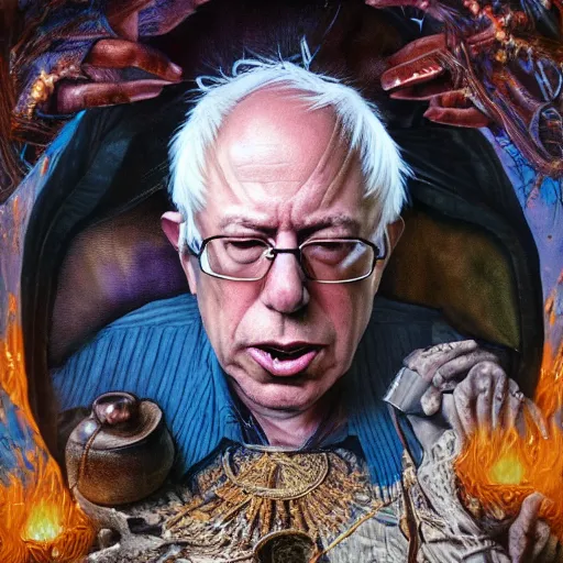 Prompt: hyperrealistic mixed media painting of Bernie Sanders as a Witch Doctor, stunning 3d render inspired art by P. Craig Russell and Barry Windsor-Smith, 8k octane beautifully detailed render, post-processing, extremely hyperdetailed, intricate, epic composition, grim yet sparkling atmosphere, cinematic lighting + masterpiece, trending on artstation, very detailed, masterpiece, stunning