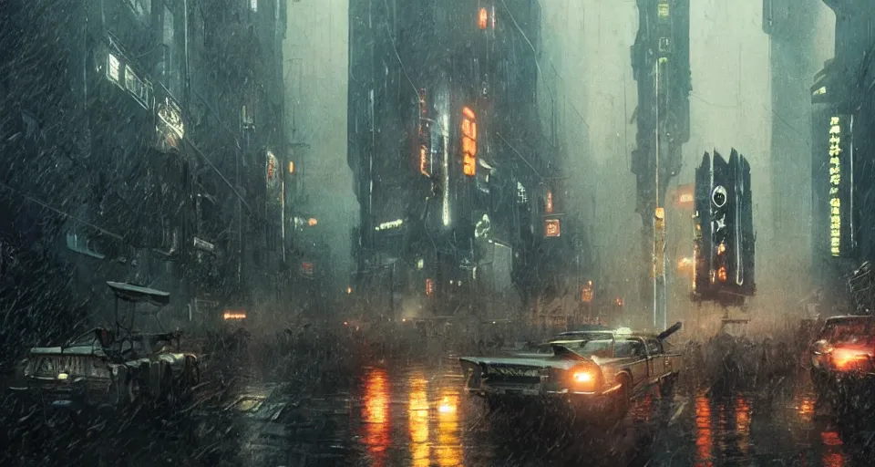 Image similar to a highly detailed epic cinematic concept art CG render digital painting artwork scene: Blade Runner in 1980s USSR. By Greg Rutkowski, Ilya Kuvshinov, WLOP, Stanley Artgerm Lau, Ruan Jia and Fenghua Zhong, trending on ArtStation, made in Maya, Blender and Photoshop, octane render, excellent composition, cinematic dystopian brutalist atmosphere, dynamic dramatic cinematic lighting, aesthetic, very inspirational, arthouse