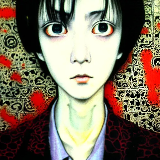Prompt: yoshitaka amano blurred and dreamy realistic three quarter angle horror portrait of a young woman with short hair and black eyes wearing office suit with tie, junji ito abstract patterns in the background, satoshi kon anime, noisy film grain effect, highly detailed, renaissance oil painting, weird portrait angle, blurred lost edges
