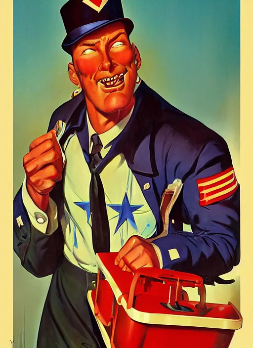 Image similar to american propaganda poster. cyberpunk fruit salesman. portrait by jean giraud and anton otto fischer and john philip falter and will eisner and gil elvgren. realistic proportions. character art. science fiction d & d. tf 2, overwatch.