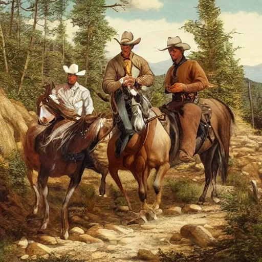 Prompt: cowboys-fighting on the mountain trail on the style Fredrick Remington