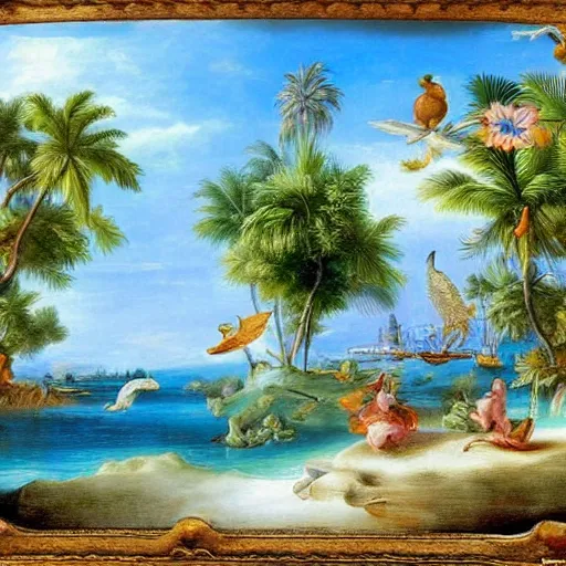 Prompt: tropical beach paradise, rococo art style, animals and birds, highly detailed