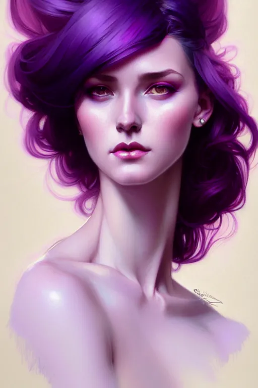 Image similar to Purple hair, creative colouring Portrait of woman, fashion, intricate, elegant, highly detailed, digital painting, artstation, concept art, smooth, sharp focus, illustration, art by artgerm and greg rutkowski and alphonse mucha