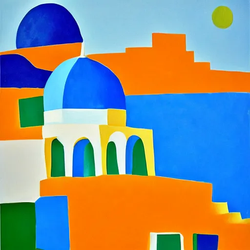 Image similar to cubism art print painting of Santorini, by Ethel Adnan, gouache painting, high definition, digital art,