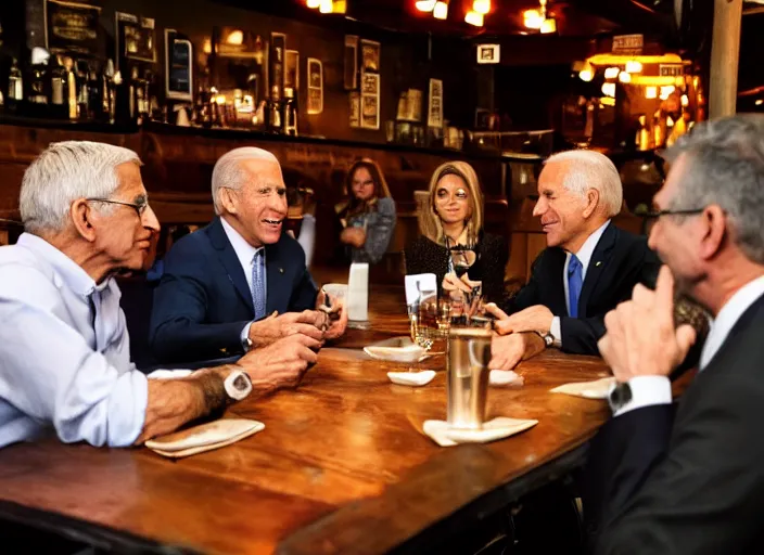 Prompt: Anthony Fauci, Joe Biden, Jeffrey Epstein, Bull gates, having dinner at a Dive bar restaurant, award winning cinematic photography, 50 mm, blurred background, trending on twitter