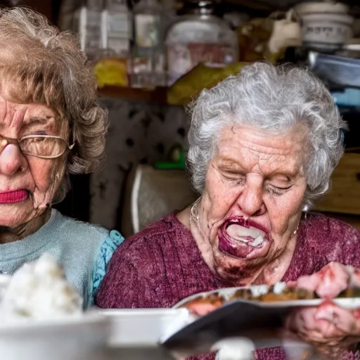 Prompt: grandmas smashing their faces together with pepperoni pizza, sloppy garlic sauce, in a hoarder house