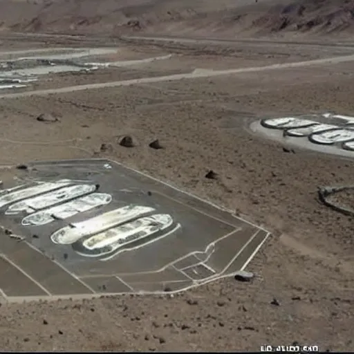 Prompt: aerial footage of Area 51, ufos parked on the ground