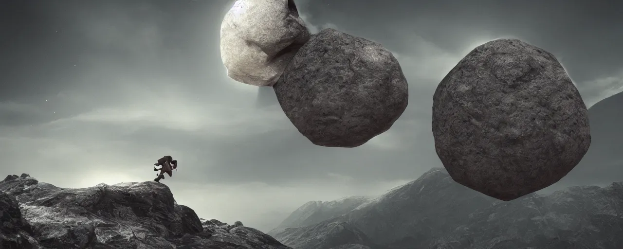 Image similar to Melancholia of Sisyphus rolling a stone up a mountain, photo realistic, 8k, HD, trending on artstation