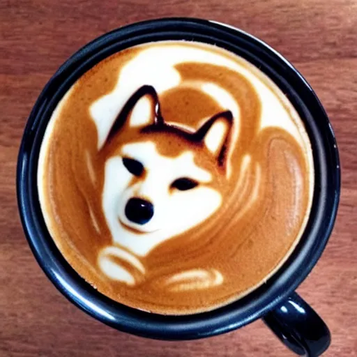 Image similar to A photo of a cup of coffee with latte art in the shape of a shiba inu