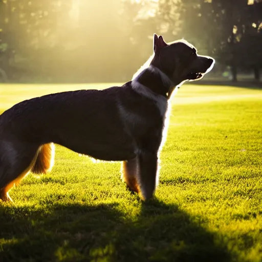 Prompt: dog on grass morning light backlit