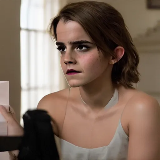 Image similar to Emma Watson opening mail that contains a pipe bomb,hyperrealistic, 8k UHD, studio photography, high quality, high detail, stunning lighting