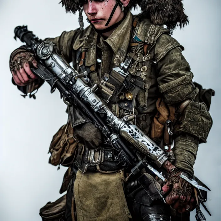 Prompt: photograph of a real-life beautiful stteampunk soldier. Extremely detailed. 8k