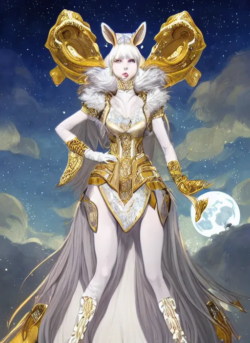 Prompt: commissioned full body portrait of a female anthro wolf-headed princess fursona with white hair wearing a white and gold chinese armored dress in a white and gold palace on a starry night with a large rescent moon, by a professional manga illustrator, Stanley Artgerm Lau, WLOP, Rossdraws, James Jean, Andrei Riabovitchev, Marc Simonetti, and Sakimichan, trending on artstation