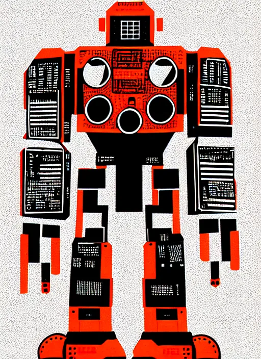 Image similar to Giant Robot by Karolis Strautniekas, editorial, detailed, intricated, matte print, stippling, texture, orange red black white