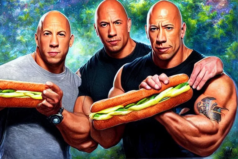 Image similar to portrait of vin diesel and dwayne the rock johnson sharing a footlong sub sandwich, an oil painting by ross tran and thomas kincade