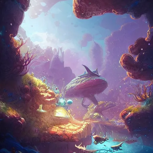 Prompt: Astronauts and some mythical animals are swimming under a sea, this is an extravagant planet with wacky wildlife, the background is full of ancient ruins, by Jordan Grimmer digital art, trending on Artstation,