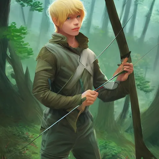 Image similar to archer boy, blonde hair, green eyes, holding bow and arrow, highly detailed, full body, in the forest, artstation, by charlie bowater