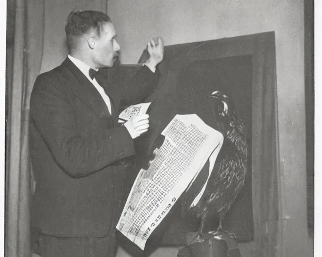 Image similar to early 1 9 0 0 s photo of a man in a suit next to a huge black taxidermied bird, black and white, newspaper clipping