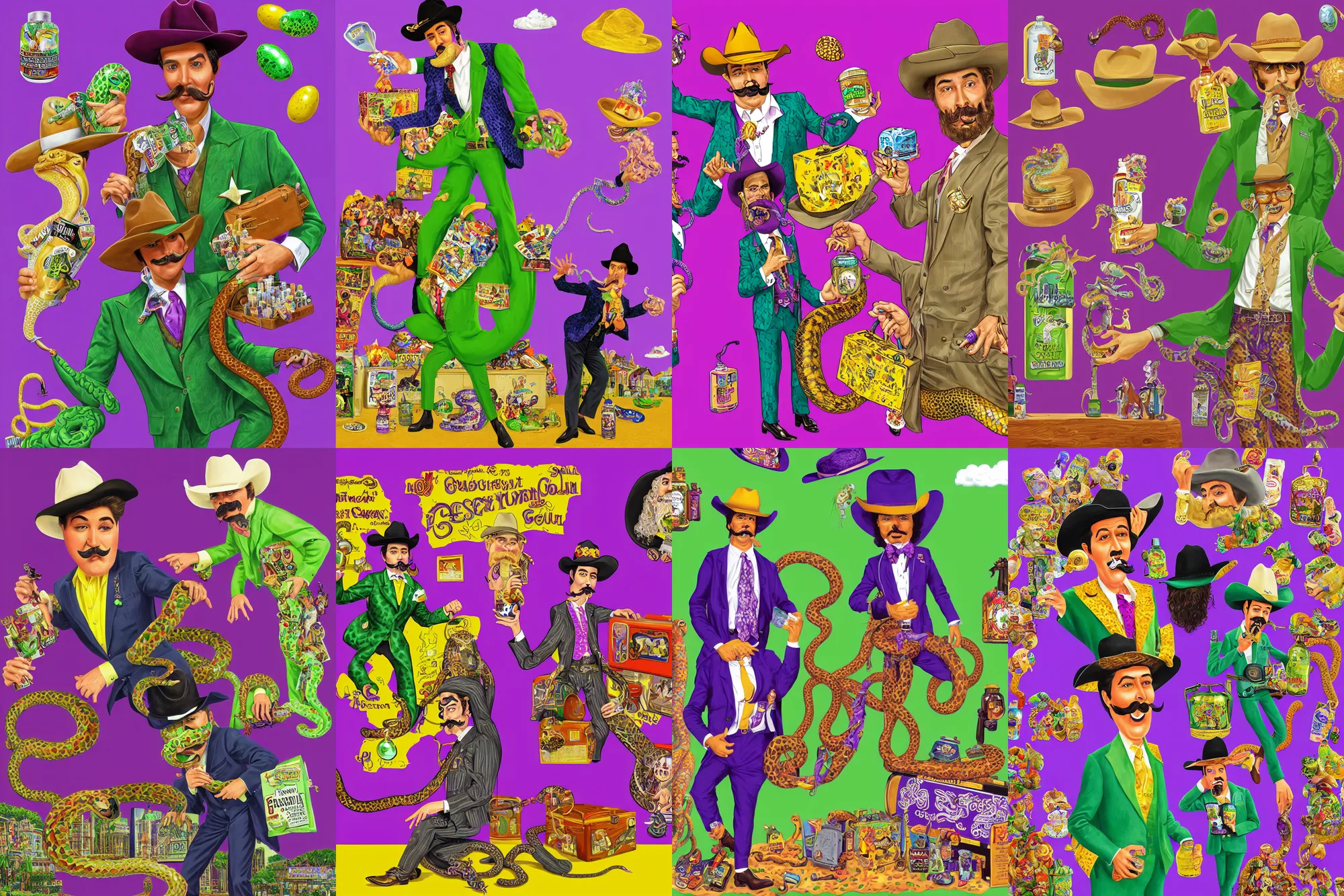 Prompt: long shot full body portrait of professional wrestling salesman elvis cowboy snakeoil salesman wearing oversized cowboy hat with curly moustache and anthropomorphic purple snakeskin business suit, pictured in front of a green screen selling locomotive petroleum snake oil eggs bottled in faberge briefcases from the distant future, portrait art by lisa frank and basil wolverton