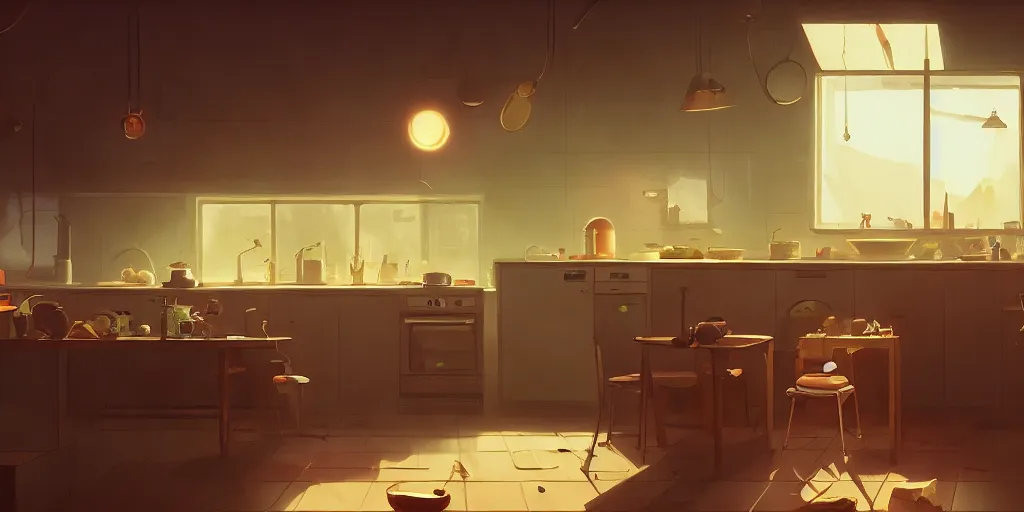 Image similar to minimalistic kitchen dim lit by a candle ripped physique simon stalenhag gerald brom bastien grivet by greg rutkowski, fisheye camera