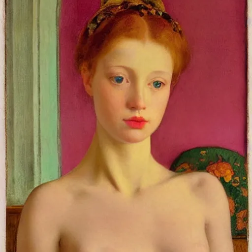 Image similar to a beautiful girl's face made of ivory and gold filigree, film still by edward hopper, by Pontormo, by klimt, pre-raphaelite. art noveau, art noveau, highly detailed, strong lights, liminal, eerie, Bright pastel colors