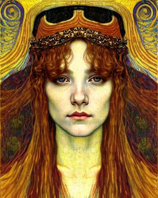 Image similar to detailed realistic beautiful young medieval queen face portrait by jean delville, gustav klimt and vincent van gogh, art nouveau, symbolist, visionary, gothic, pre - raphaelite, muted earthy colors, desaturated