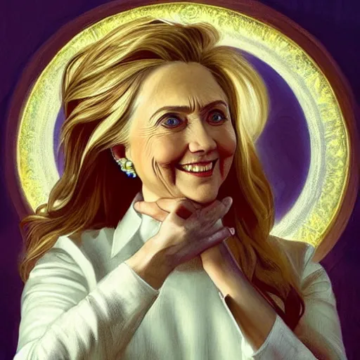 Prompt: Hillary Clinton holding up italian hands, as a fantasy magic woman portrait, sci-fi, amber eyes, face, long hair, fantasy, intricate, elegant, highly detailed, digital painting, artstation, concept art, smooth, sharp focus, illustration, art by artgerm and greg rutkowski and alphonse mucha