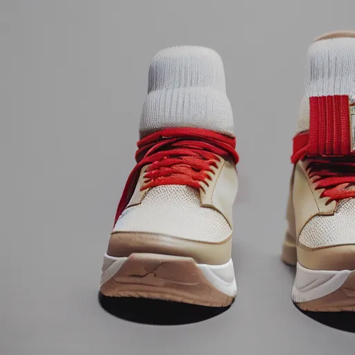 Image similar to a studio photoshoot of Nike sneakers designed by Tom Sachs, cream leather with knitted mesh material, gum rubber outsole, realistic, color film photography by Tlyer Mitchell, 35 mm, graflex