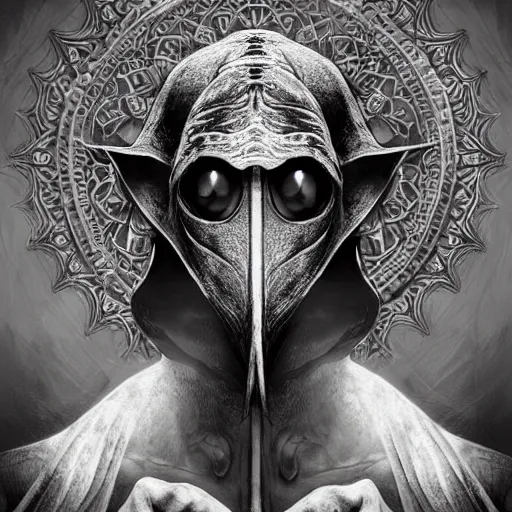 Image similar to 4K headshot portrait of godlike Plague Doctor of Nazareth with defined arms and open hands and bloody clothes with giant mandala wings , intricate face , flawless anime cel animation by Kentaro Miura, psychedelic , highly detailed upper body , professionally post-processed , beautiful, scary, symmetry accurate features, epic, octane rendered, anime masterpiece, accurate by Craig Mullins, ilya kuvshinov, krenz cushart, epic , artgerm trending on artstation by Edward Hopper and Dan Mumford and WLOP and Rutkovsky, beksinski carl spitzweg moebius and tuomas kocar, intricate artwork by caravaggio, Unreal Engine 5, Lumen, Nanite