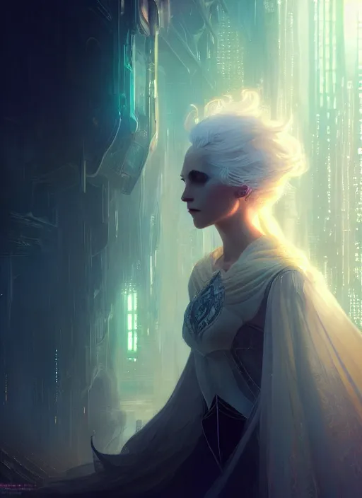 Prompt: a beautiful white haired princess, intricate concept art, ethereal, ominous, mysterious, enchanted, magic, dramatic lighting, illuminated lines, outrun, vaporware, cyberpunk darksynth, dark background, 8 k, by ruan jia and krenz cushart and alphonse mucha