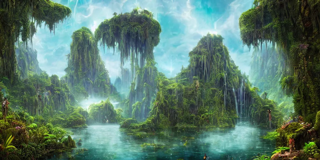 Prompt: balanced masterpiece, fairytale, sci - fi city, mystical lake, monolithic temple, interstellar infinity portal, rainforest mountains, lush plants flowers, epic natural light, bright clouds, luminous sky, outer worlds, bright cinematic lighting, esao andrews, michael cheval, michael whelan, airbrush digital nouveau oil painting, vray, 8 k hd