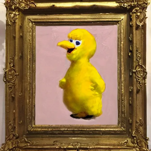 Image similar to impasto painting of a glowing kewpie doll that looks like Big Bird, painted in the style of Watteau with sad minion eyes