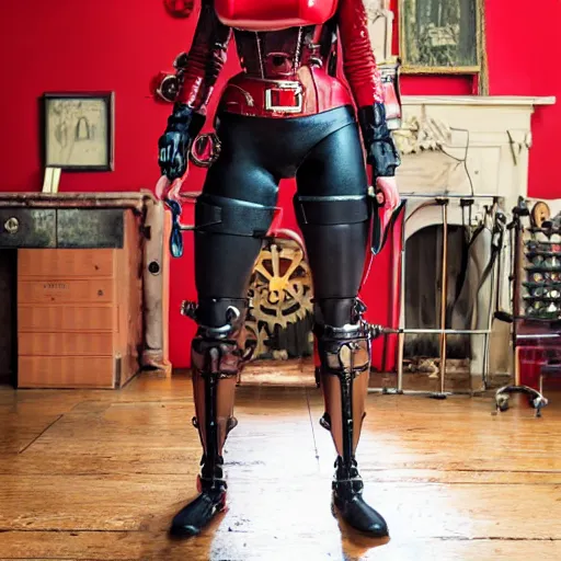 Prompt: a beautiful red - haired cyborg girl with steampunk iron legs stands in the dog pose in the red room