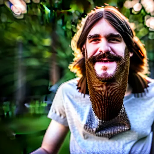 Image similar to bearded long - haired bo burnham outside of his house, smiling and dancing, ultra - realistic, 8 k