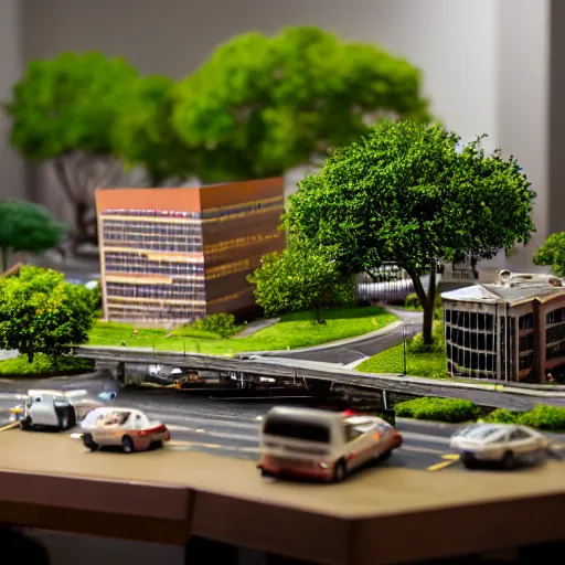 Prompt: a detailed photo of a diorama city, macro photography, zoom, model trees, table, studio lighting